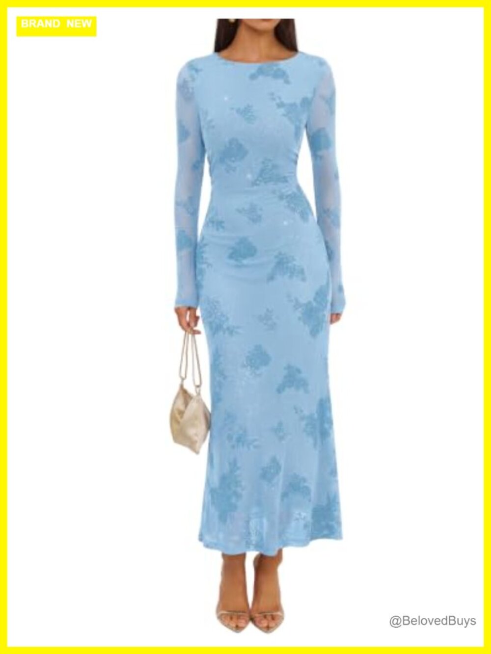 Women's Floral Maxi Dress Long Sleeve Mesh Bodycon Wedding Guest Cocktail